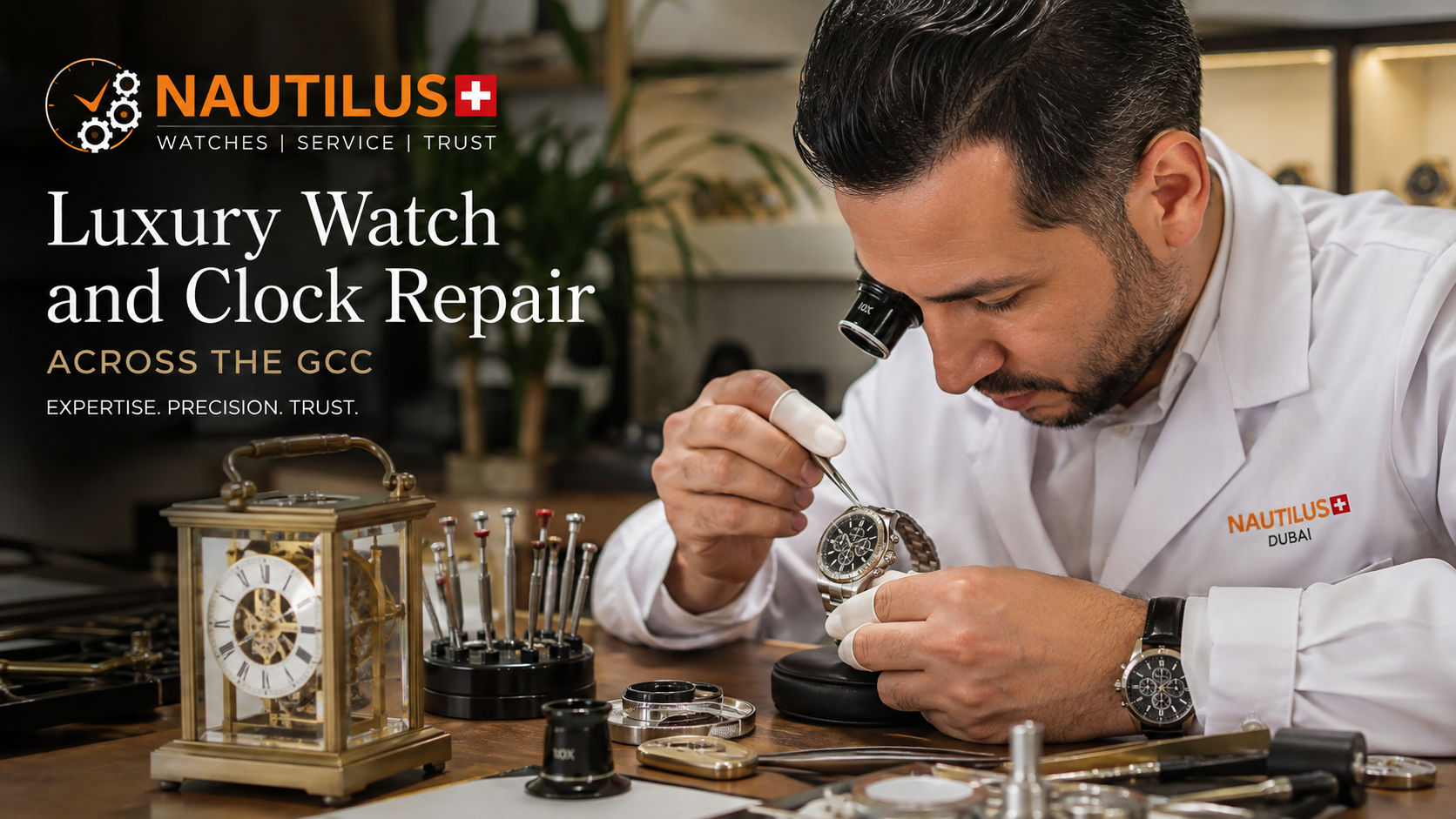 Experienced Nautilus Dubai specialist inspecting a luxury watch and mechanical clock for GCC clients