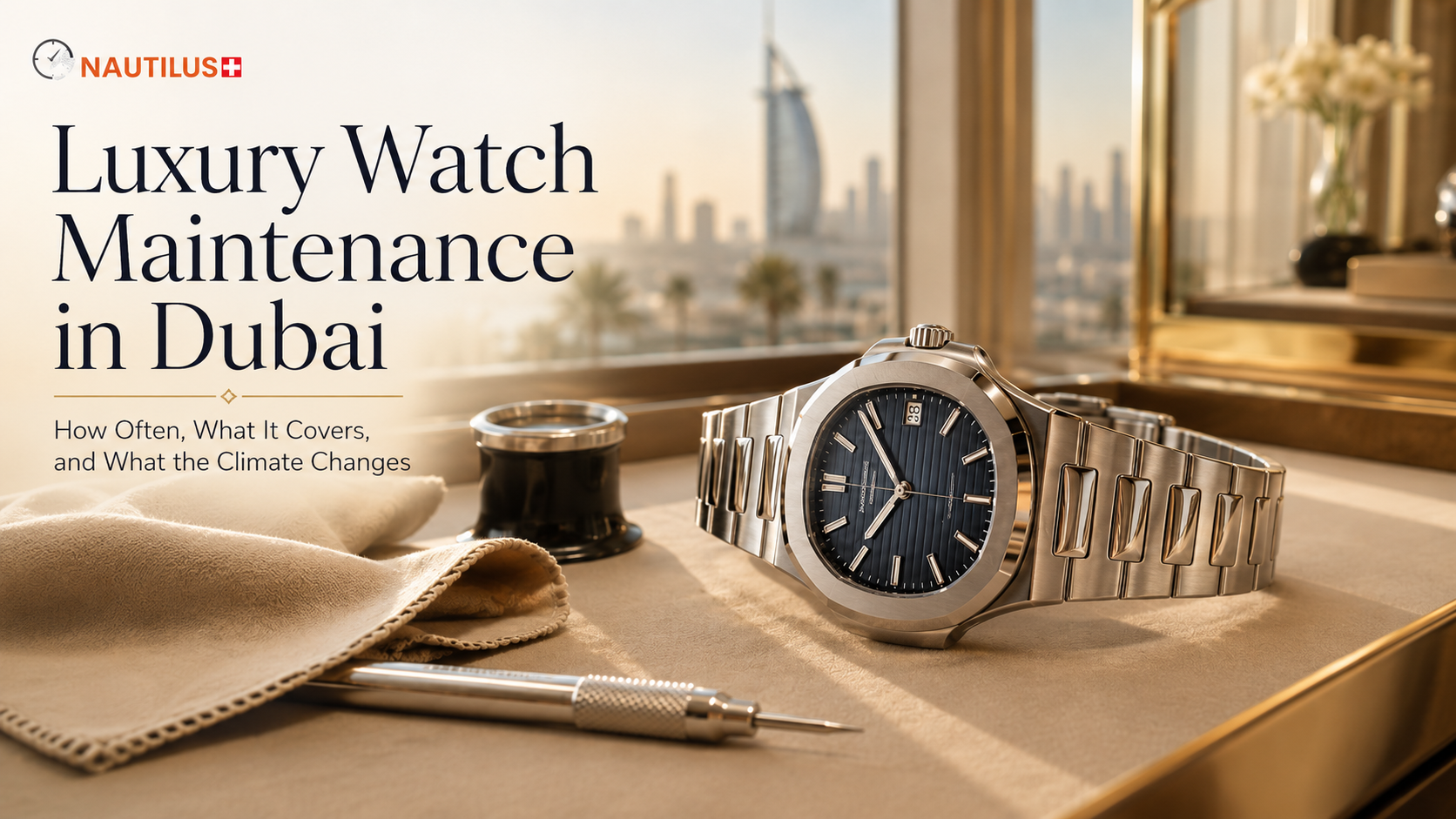 Luxury watch photographed for watch maintenance in Dubai at the Nautilus boutique