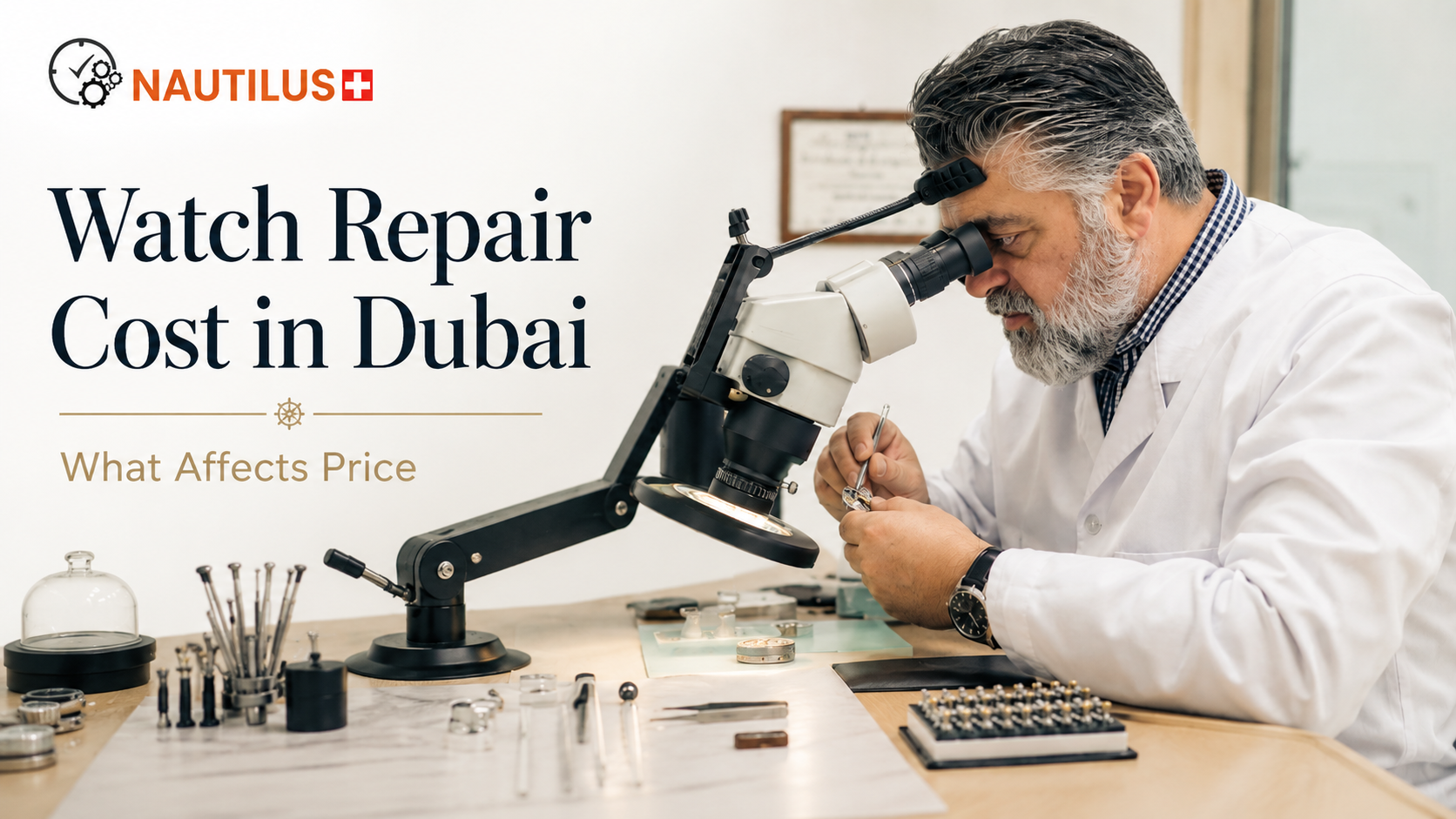 Luxury watch inspection at Nautilus Dubai showing a specialist examining a wristwatch before repair quotation