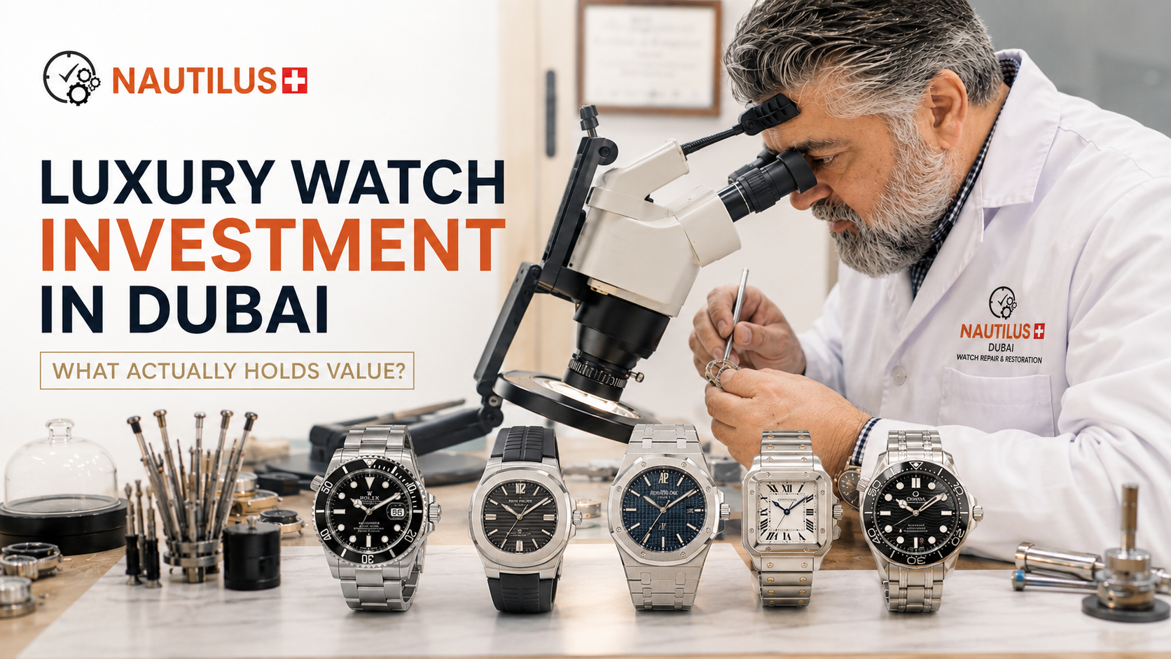 Luxury investment watches being inspected by a Nautilus Dubai watch specialist in the Gold Souk