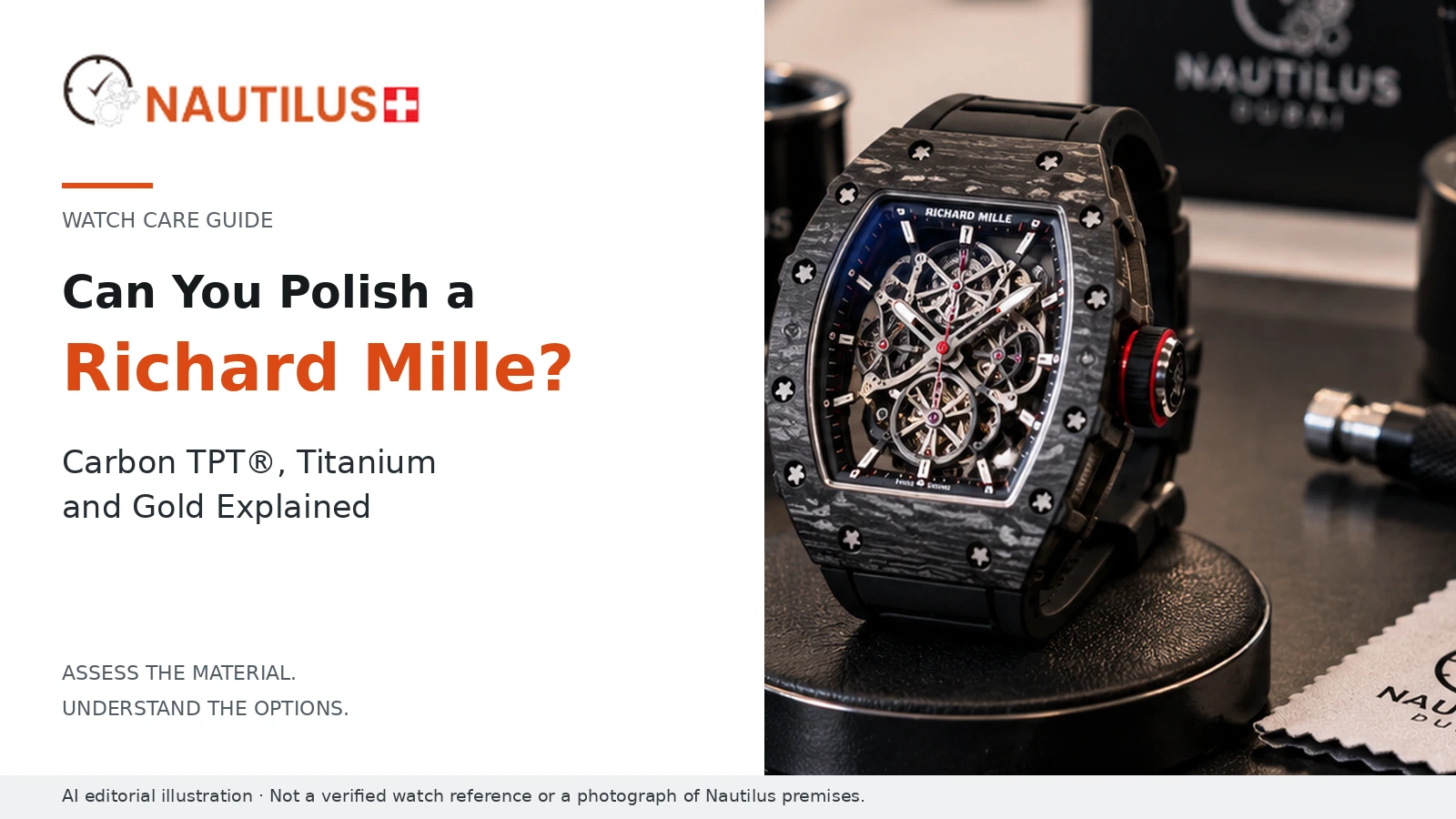 Nautilus cover with the title Can You Polish a Richard Mille? beside an AI-generated skeleton watch illustration.