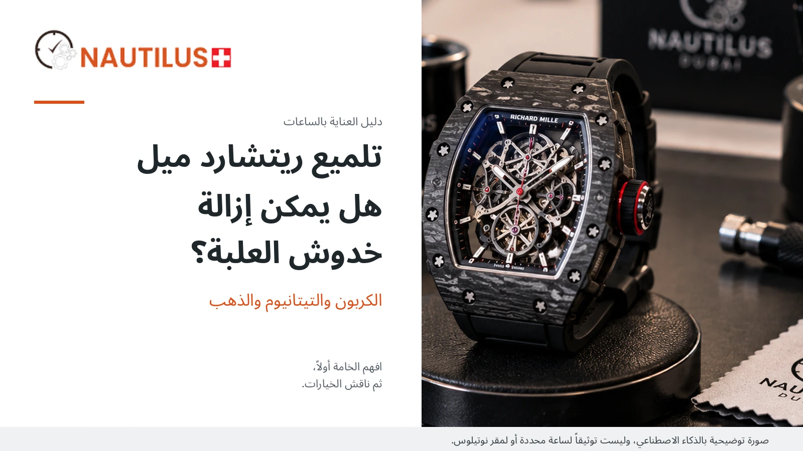 غلاف تحريري لنوتيلوس يعرض رسماً لساعة بهيكل مكشوف وعنواناً عربياً عن تلميع ريتشارد ميل.