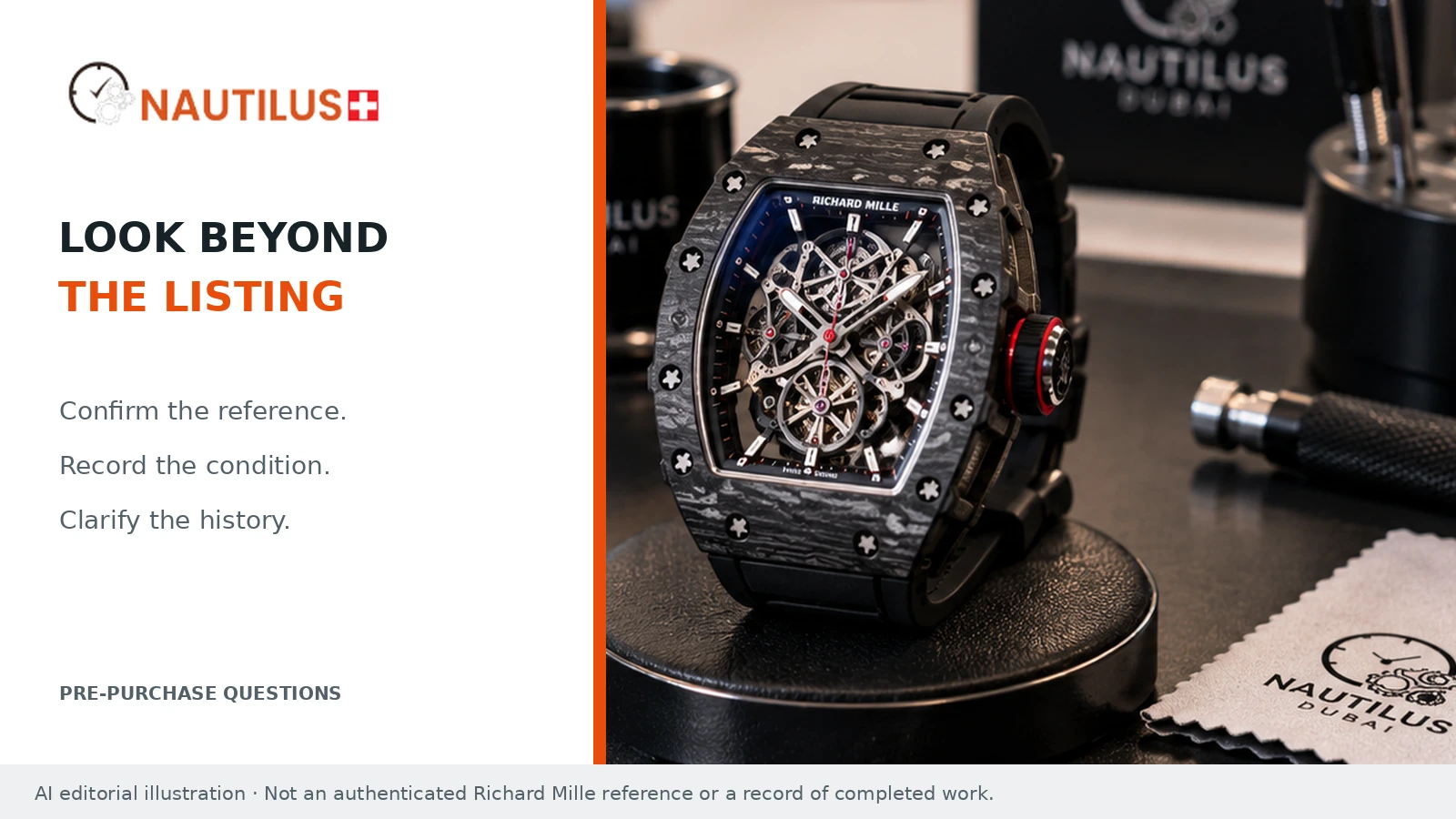 AI-rendered skeleton watch on a cushion beside the words Look Beyond the Listing.