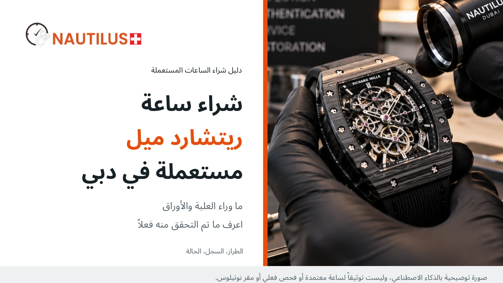 غلاف نوتيلوس دبي بعنوان شراء ساعة ريتشارد ميل مستعملة في دبي، بجانب رسم لساعة مكشوفة الآلية تمسكها يدان بقفازين أسودين.
