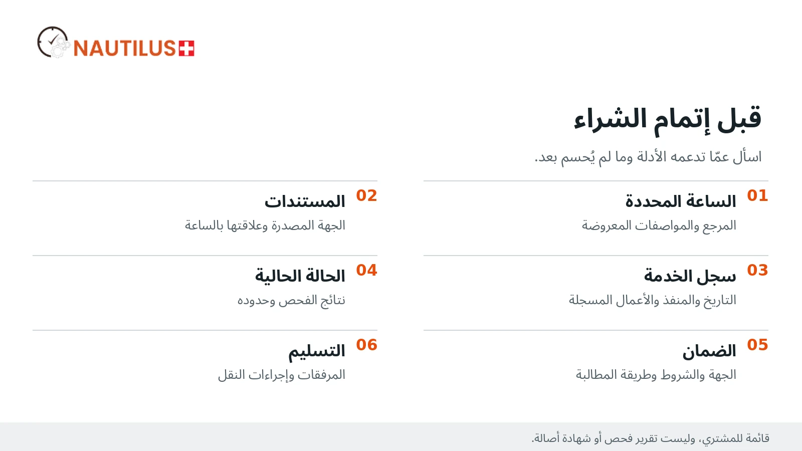 قائمة تحقق من ستة عناصر: الساعة المحددة، والمستندات، وسجل الخدمة، والحالة الحالية، والضمان، والتسليم.