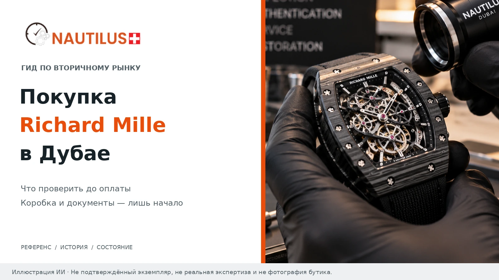 Обложка Nautilus Dubai о покупке Richard Mille в Дубае рядом с ИИ-иллюстрацией скелетонизированных часов в руках в чёрных перчатках.