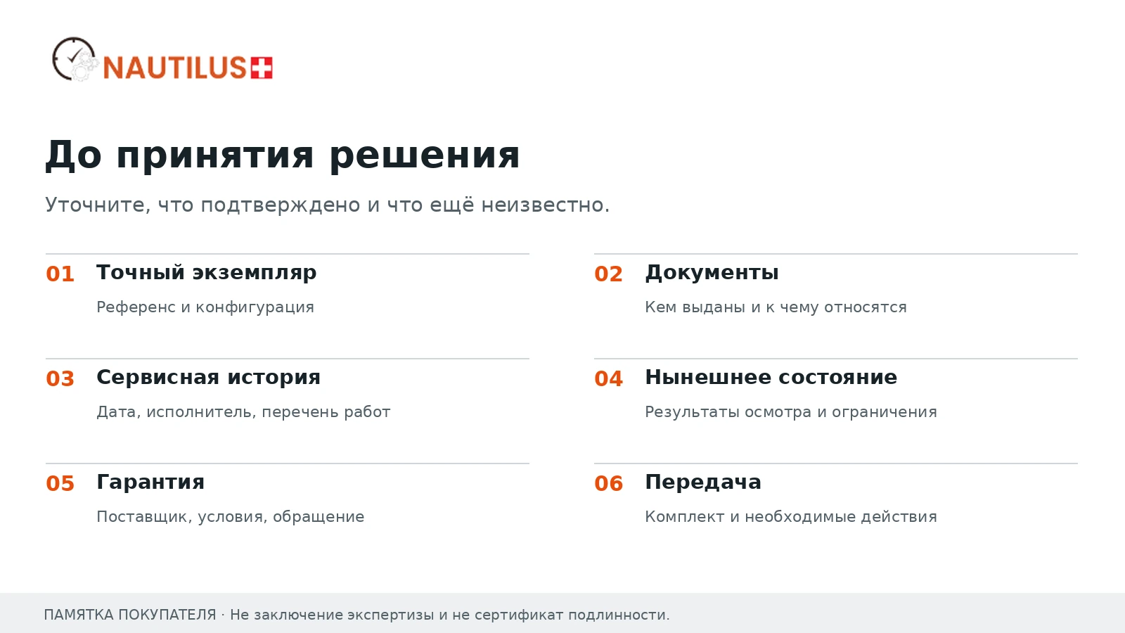 Шесть пунктов проверки перед покупкой: экземпляр, документы, сервисная история, состояние, гарантия и передача.
