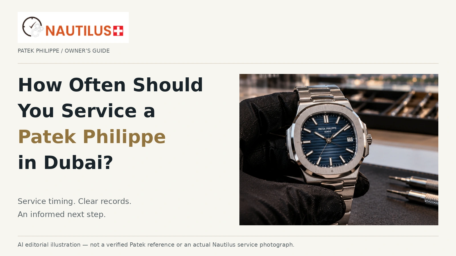 Nautilus cover with a Patek Philippe service title and an AI-generated blue-dial watch held in a black glove.