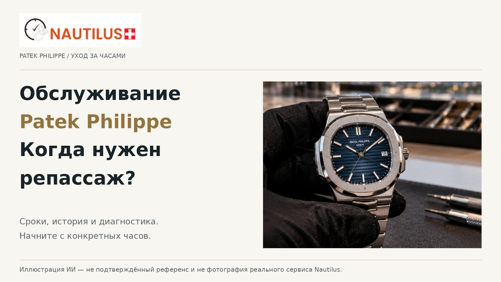 Обложка Nautilus о сервисе Patek Philippe с ИИ-изображением часов с синим циферблатом в руке в чёрной перчатке.
