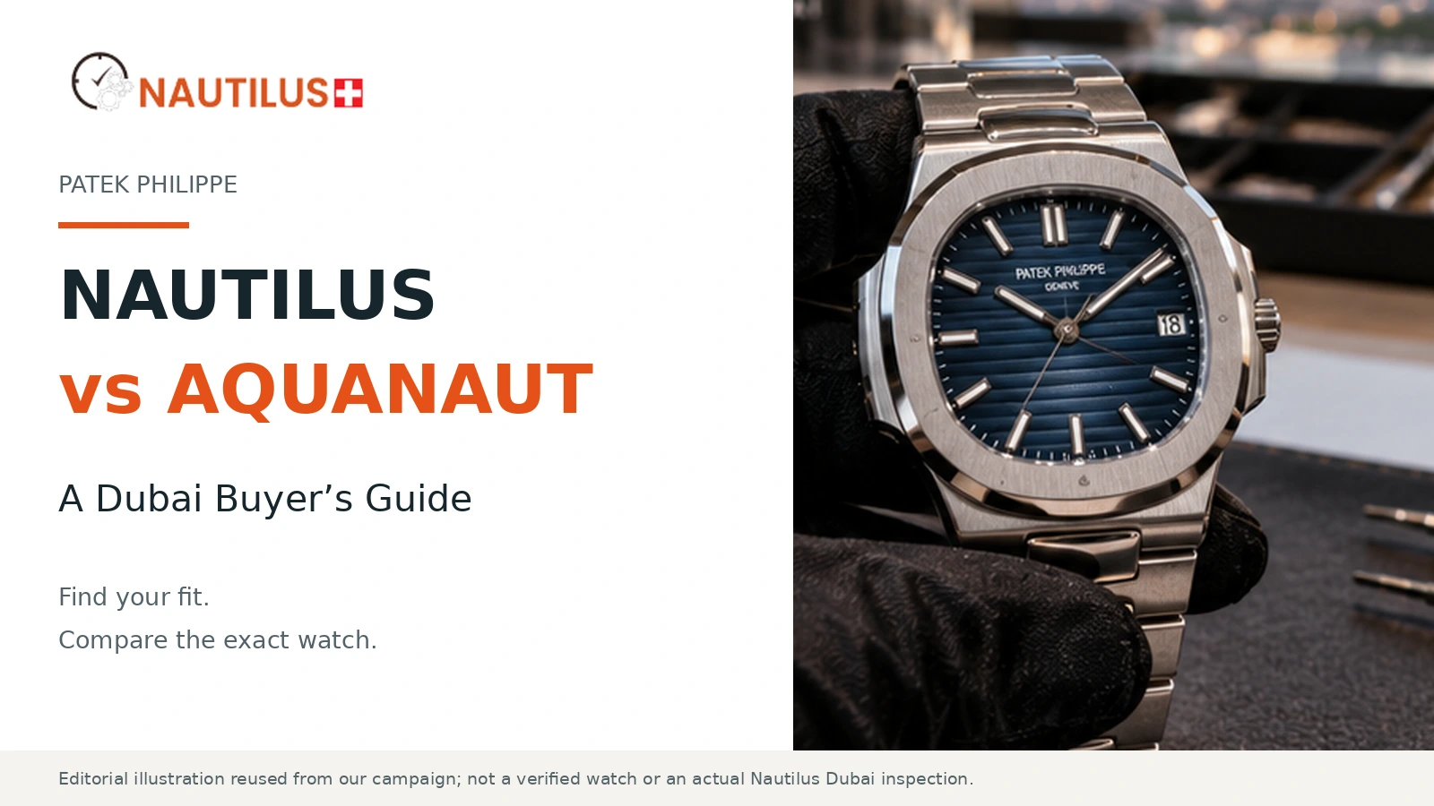 Nautilus Dubai cover titled Nautilus vs Aquanaut beside an AI illustration of a blue-dial watch in a gloved hand.
