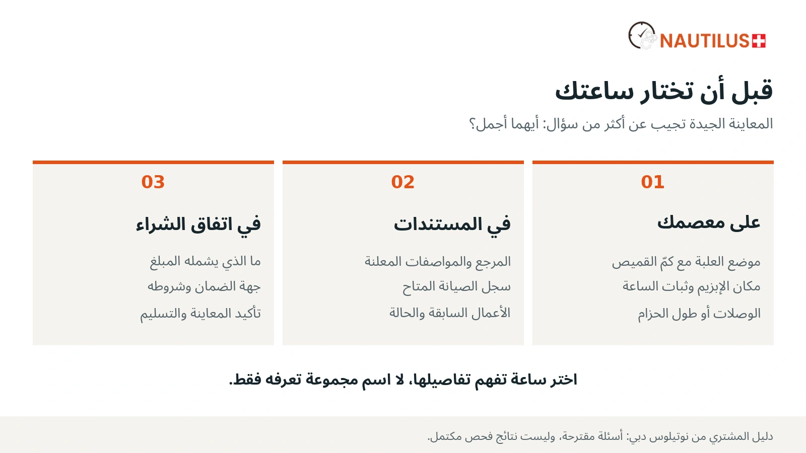 قائمة عربية بثلاثة أقسام: ملاءمة الساعة للمعصم، المستندات، واتفاق الشراء.