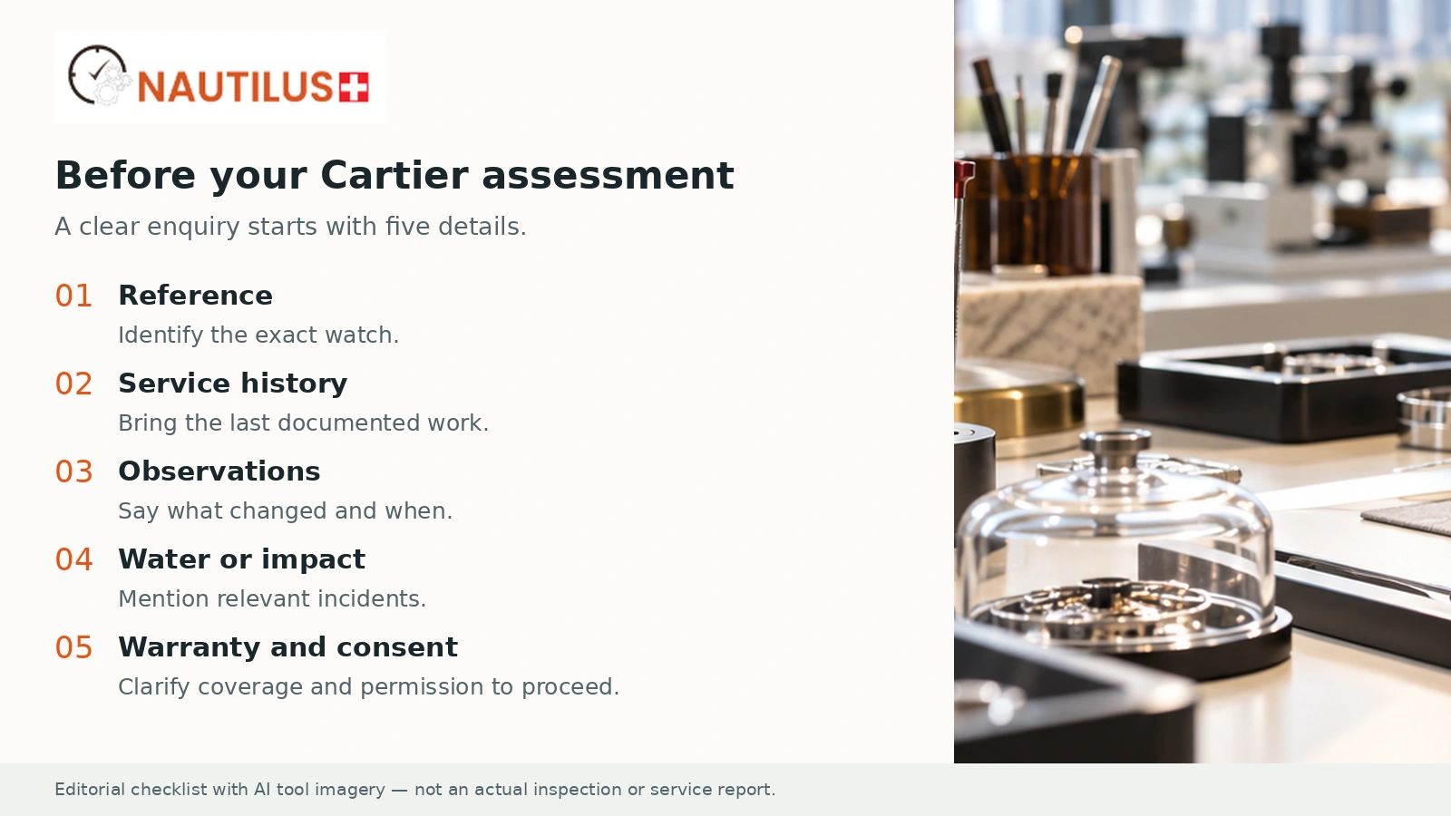English pre-assessment checklist with reference, history, observations, water exposure and warranty questions beside illustrative watchmaking tools.