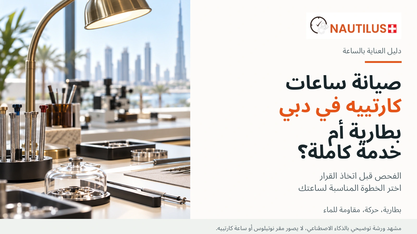 غلاف نوتيلوس دبي بعنوان عربي عن صيانة كارتييه، بجوار مشهد توضيحي لأدوات صناعة الساعات مولد بالذكاء الاصطناعي.