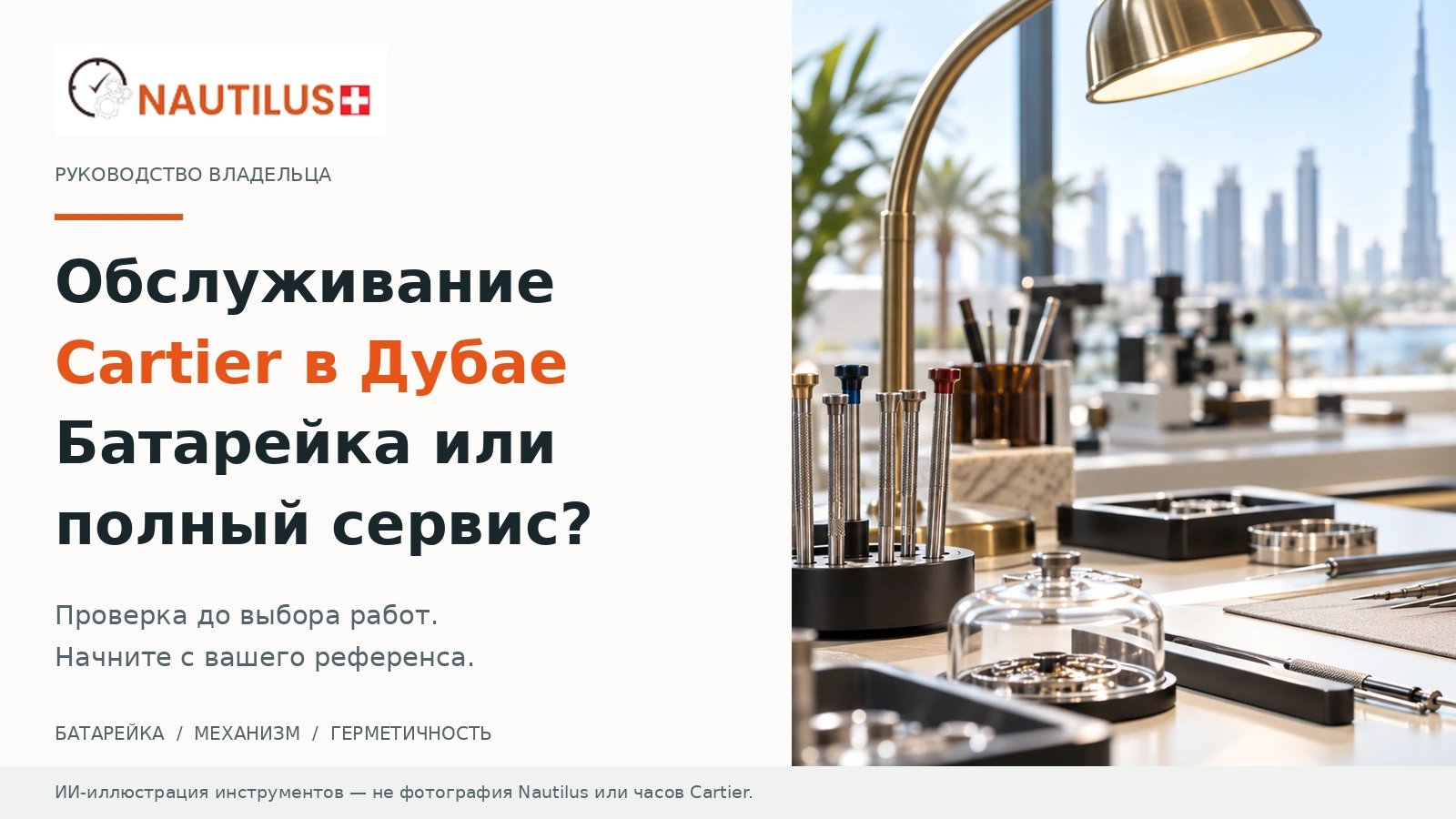 Обложка Nautilus Dubai с русским заголовком об обслуживании Cartier и ИИ-иллюстрацией верстака с часовыми инструментами.