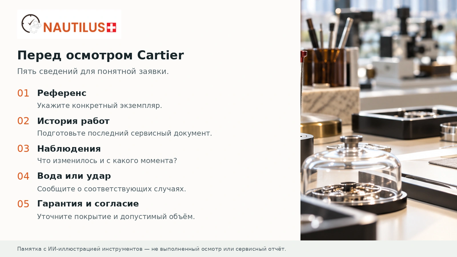 Русская памятка о референсе, истории, наблюдениях, воде и гарантии перед осмотром часов рядом с изображением инструментов.