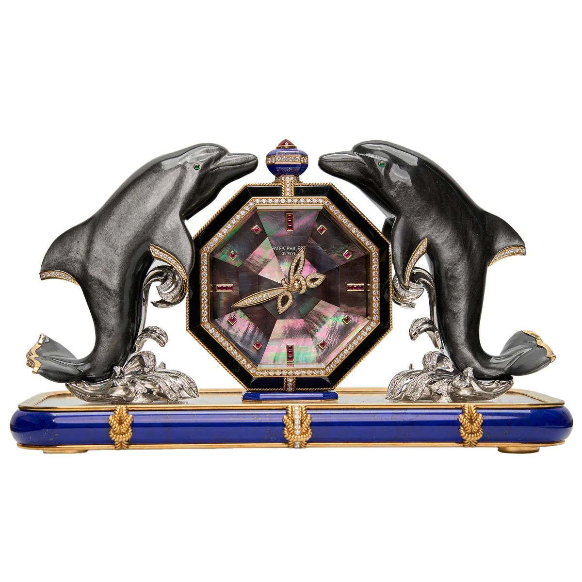Patek Philippe Dolphin Table Clock – Gold, Diamonds & Mother-of-Pearl — front view